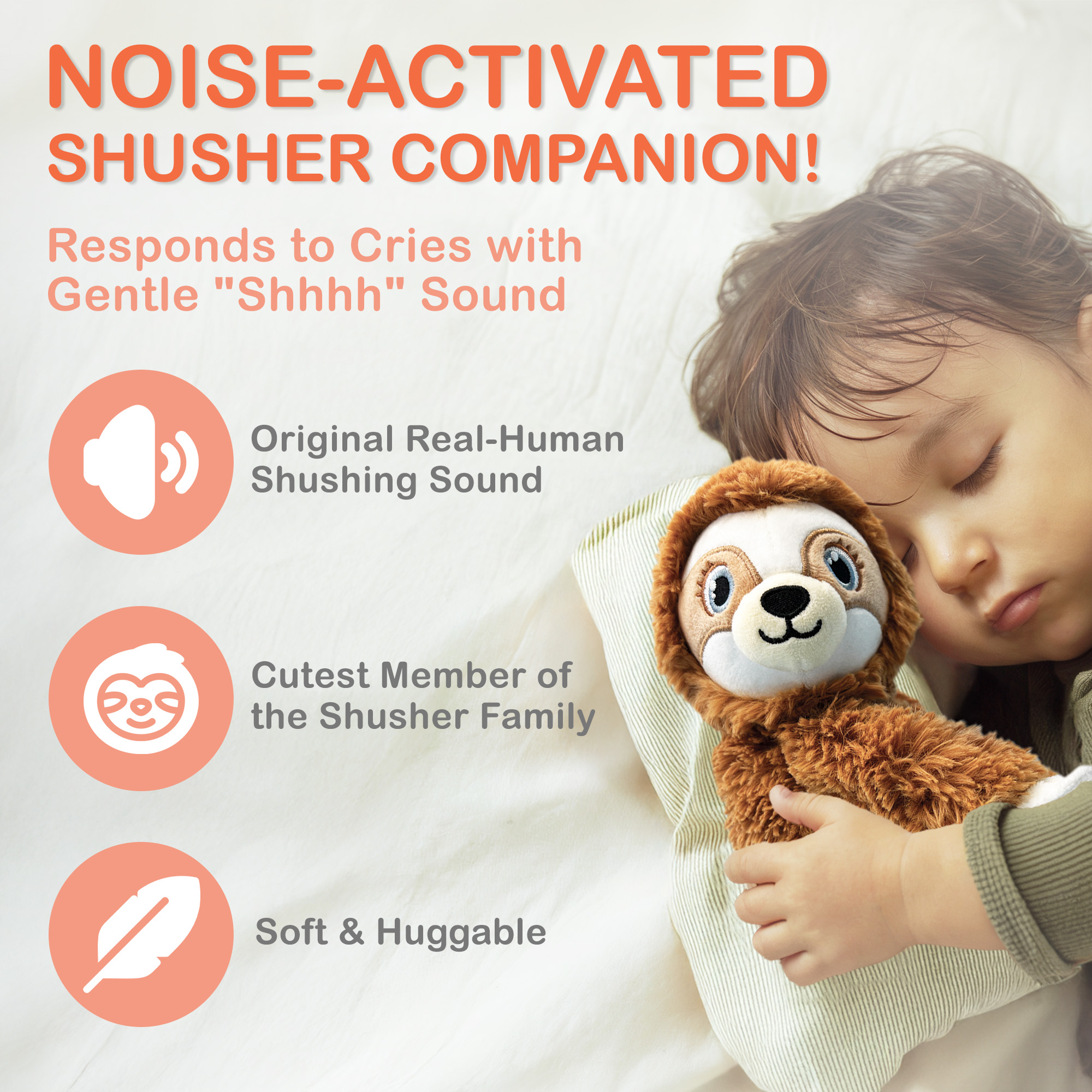 Baby Shusher Sloth – Plush Sound Machine with Real Shushing Sound & Smart Cry Detection